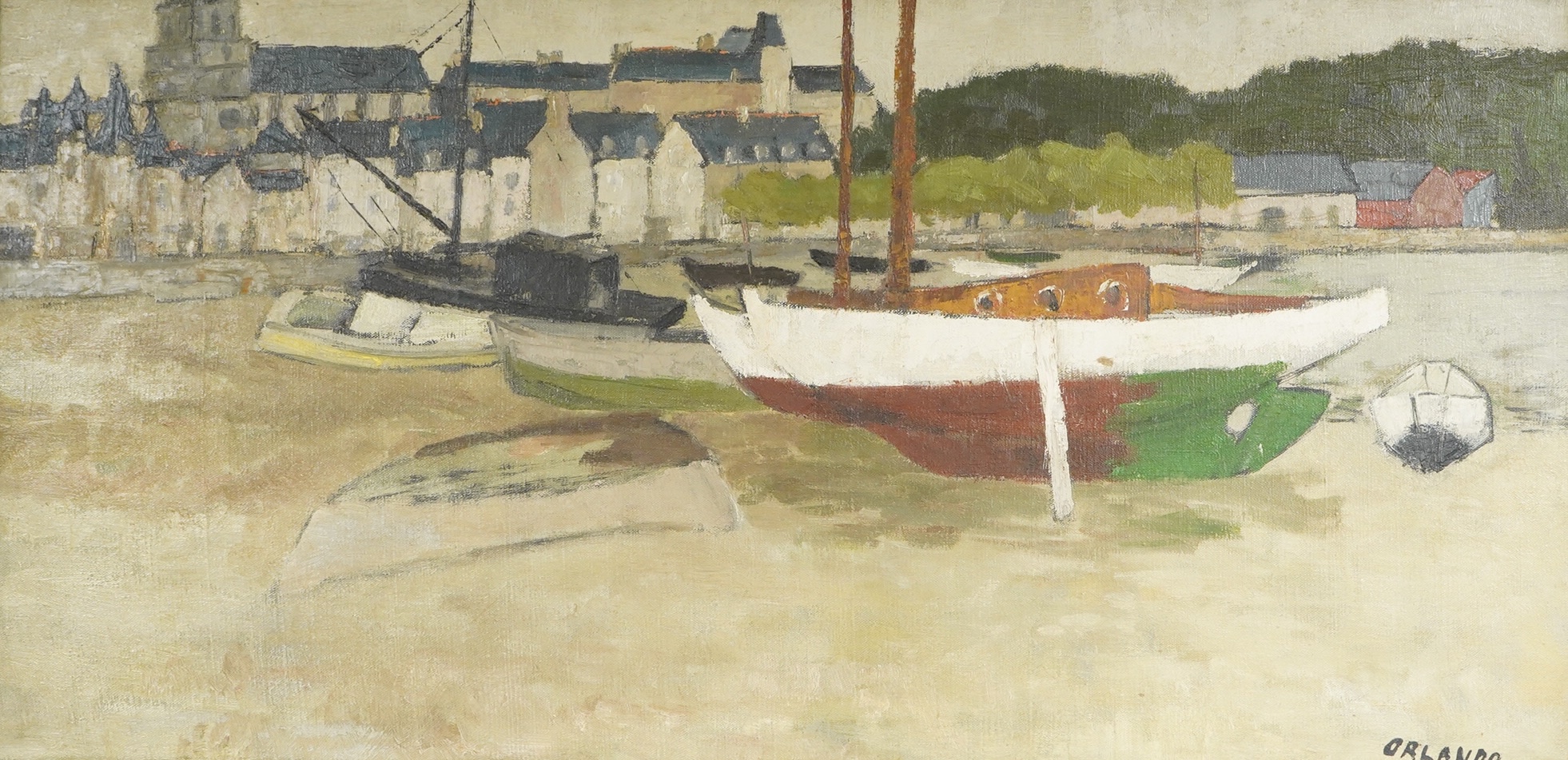 Orlando, Harbour view with beached fishing boats, signed, Modern British oil on canvas, 39 x 78cm
